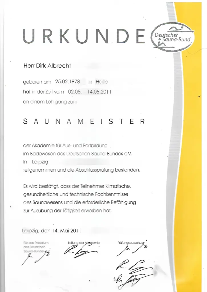saunameister urkunde